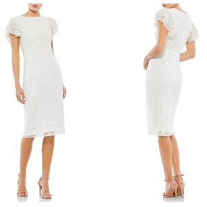 MAC DUGGAL BEADED FLORAL RUFFLE SLEEVE SHEATH WHITE COCKTAIL DRESS sz 10